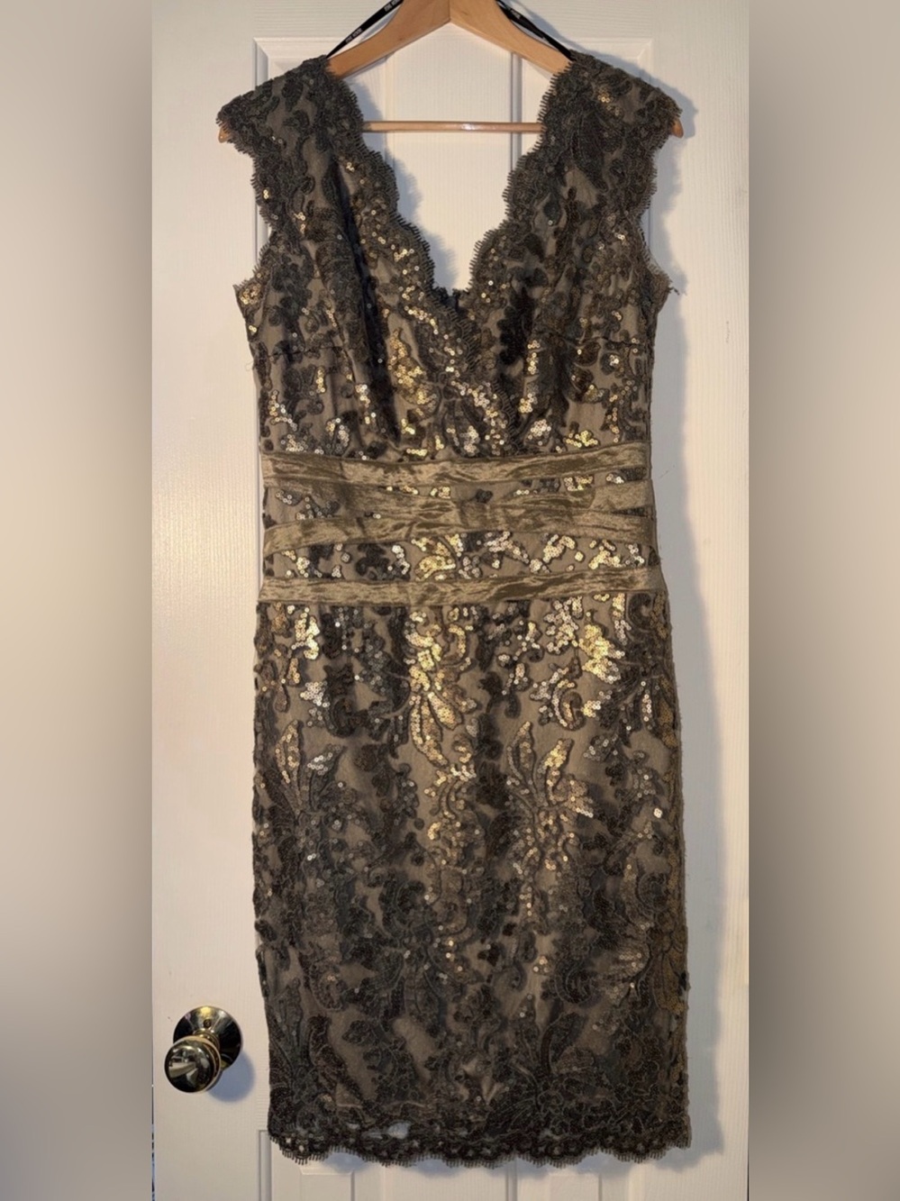 Tadaschi Shoji Elegant Lace & Sequin V-Neck Sheath Dress in Gold. Sz 12